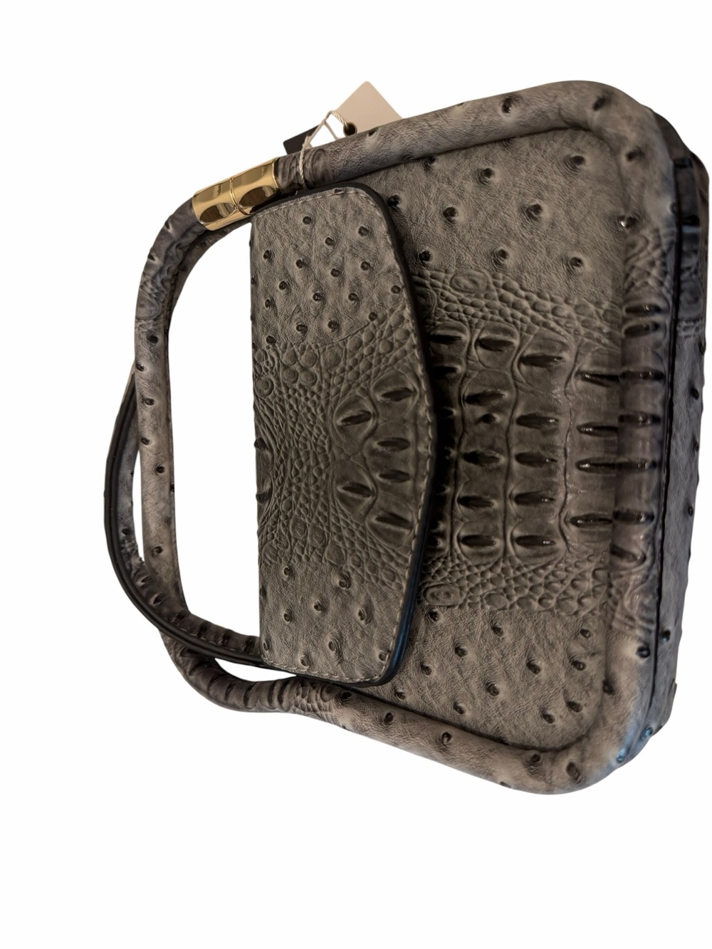 Gray Ostrich-Embossed Leather Top-Handle Bag N